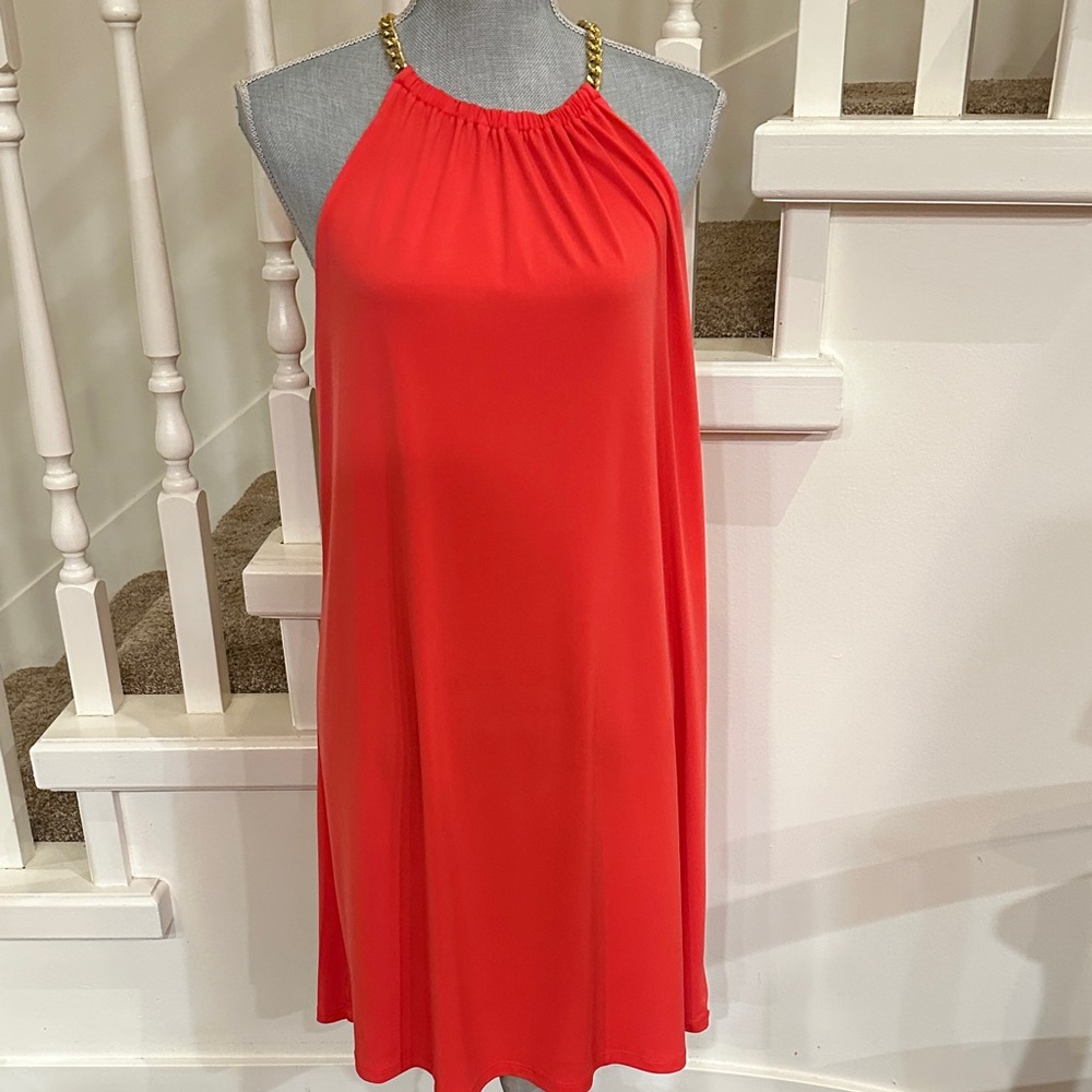 MICHAEL Michael Kors Red Halter Midi Dress with Gold Chain Straps